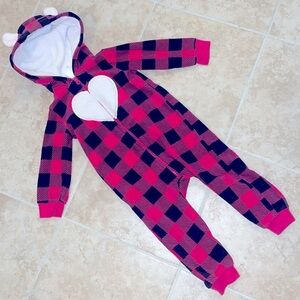 Adorable Pink, Black and White Buffalo Plaid Teddy Bear Hooded Jumpsuit 18M